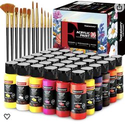Fantastory Acrylic Paint Set 36 Colors(2oz /60ml) with 12 Brushes, Professional Craft Thick Paints Kits for Adults and Kids, Canvas Wood Fabric Cerami