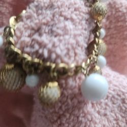 Vtg. Trifari TM Gold Tone,  with White Acrylic Ball Bracelet 