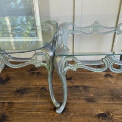 Patio End Tables Set Of 2- Metal And Glass, Vintage Patina