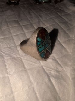 Silver with turquoise and red coral inlay ring
