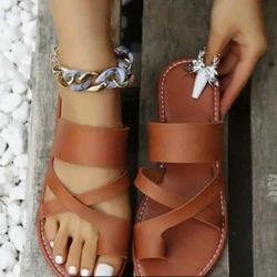 Women's Toe Loop Cross Strap Flat Sandals-11