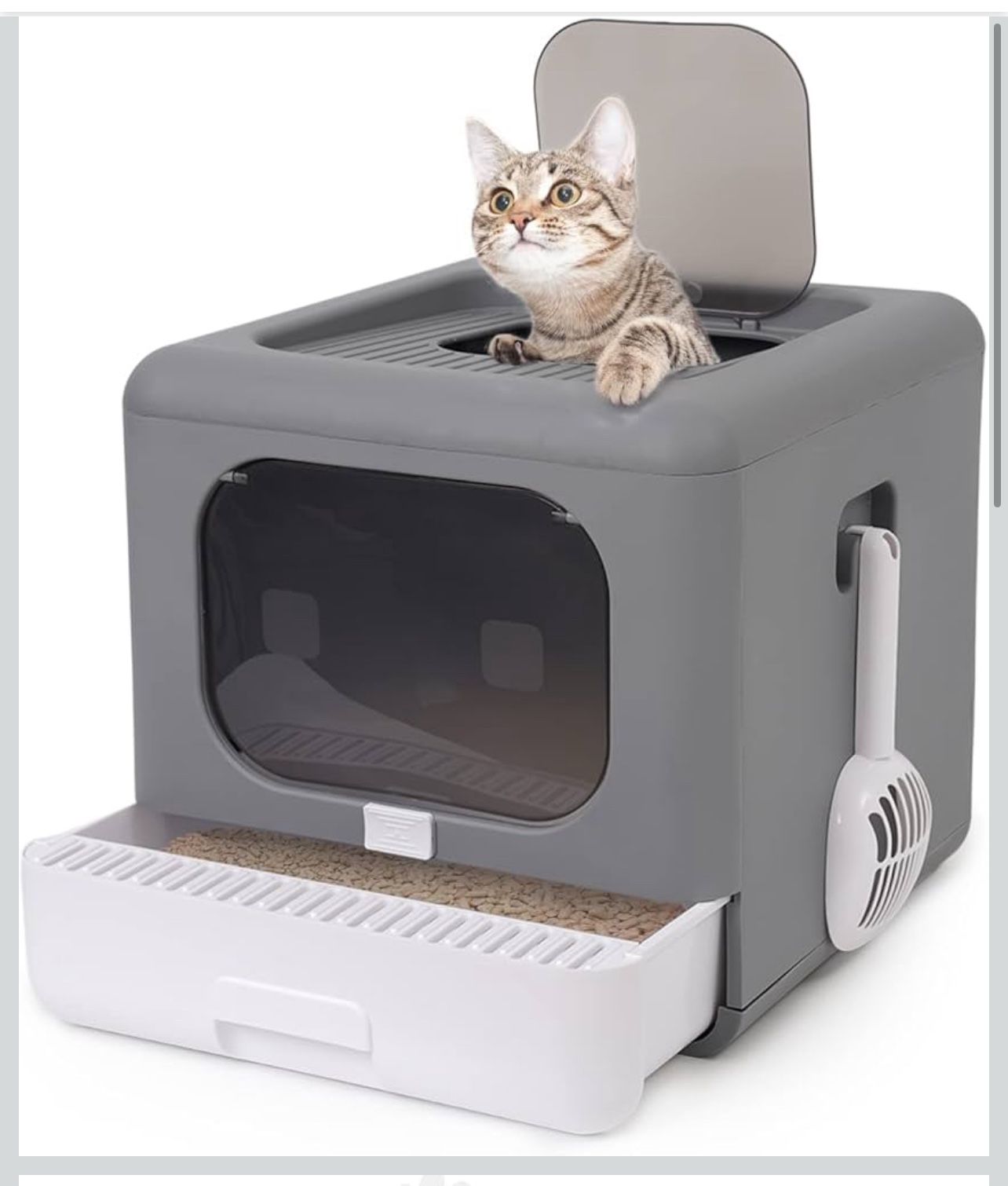 Foldable cat litter box with front door and top entrance, removable drawer type, cat toilet with lid, easy-to-clean and anti-splash litter tray with s