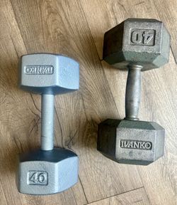 VINTAGE IVANKO Set of Cast Iron Hex Dumbbells of 40 pounds each.  Total: 80lbs