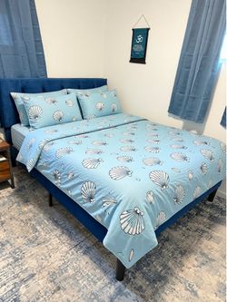 Blue Velvet Bed Frame with Comfbox 12” Queen Mattress & Bamboo Mattress Topper
