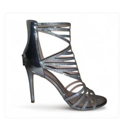 OLIVIA JAMES - Silver Patent Rhinestone Accent High Heels SZ - 8.5