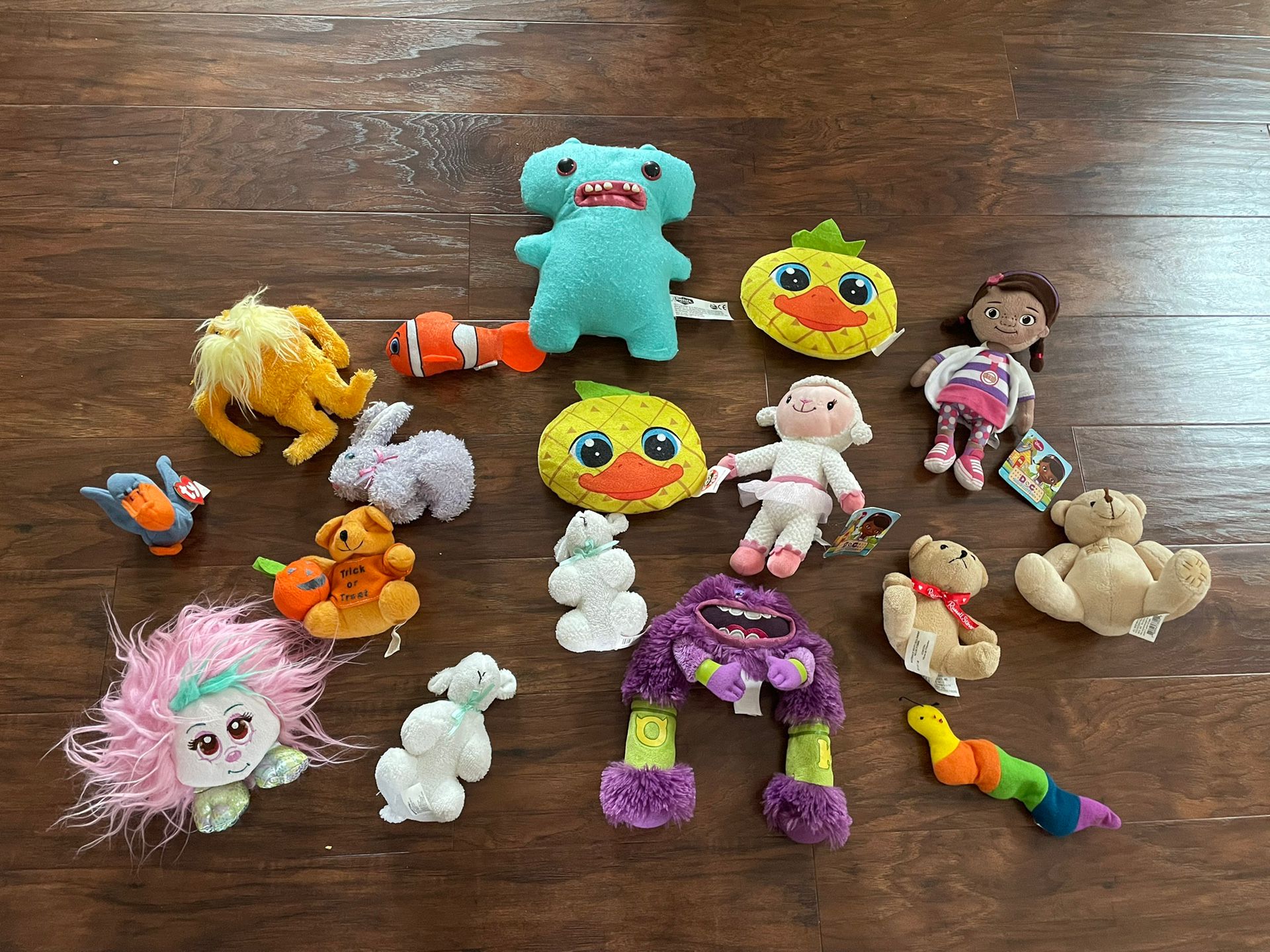 Set Of 17 Small Plush Toys Stuffed Animals Doc McStuffins Fuggler Lorax Lamb Teddy Bear Nemo