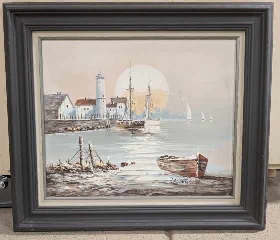 OIL PAINTING HARBOR LIGHTHOUSE NAUTICAL 28 x 32