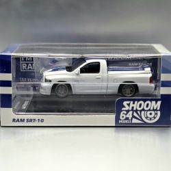 1:64 Diecast SHOOM64 2003 Dodge Ram SRT-10 Pickup White with Blue Racing Stripes