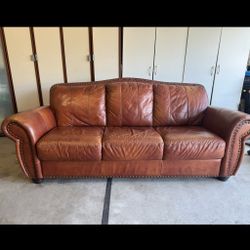 Classic Brown Leather Couch With Nailed Trim - Rolled Arm 3-seater Sofa