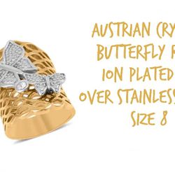 Unique Butterfly Ring with Crystals, ION Plated YG