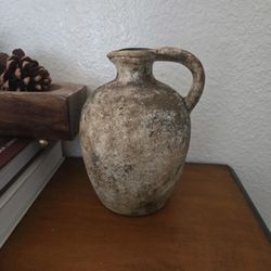 Vintage rusty vase with handle MCM cabinet interior decor shelf table stand antique