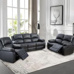 New Black Leather Fully Reclining Three Piece Couch Set