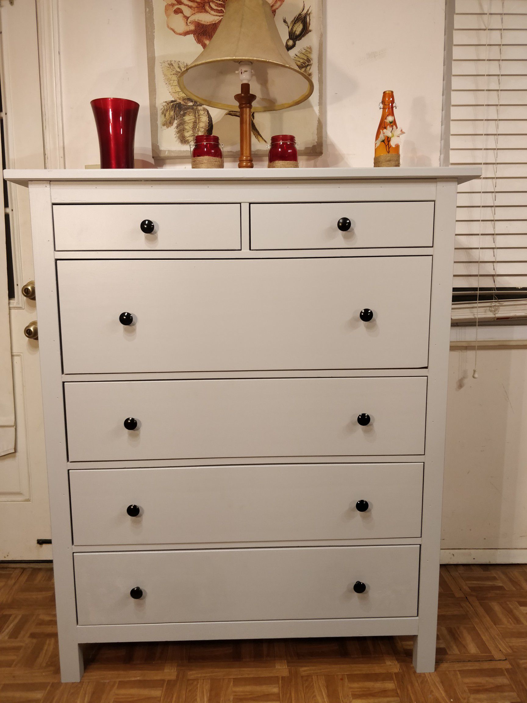 Light grey Wooden big tall boy dresser with big drawers in great condition, all drawers working well. L34.4"*W20"*H52"
