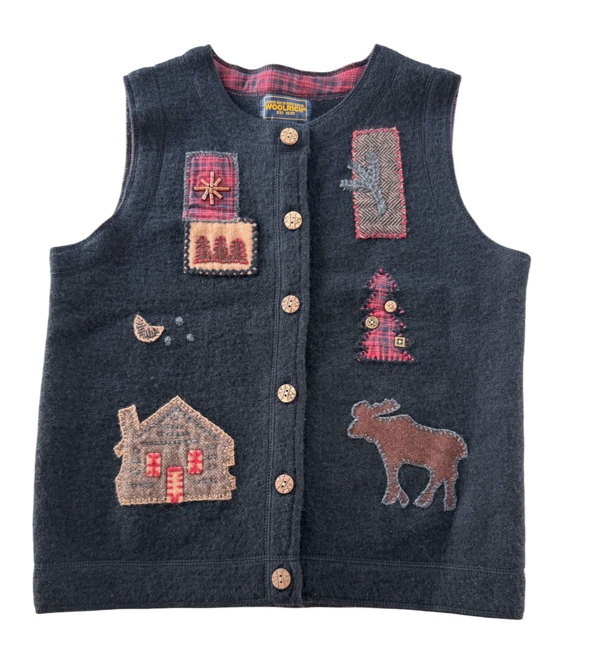 VTG Woolrich Sweater Vest Wool Cabin Tree Moose Plaid Holiday Black Small