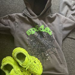 Grey And Green Sp5der Hoodie