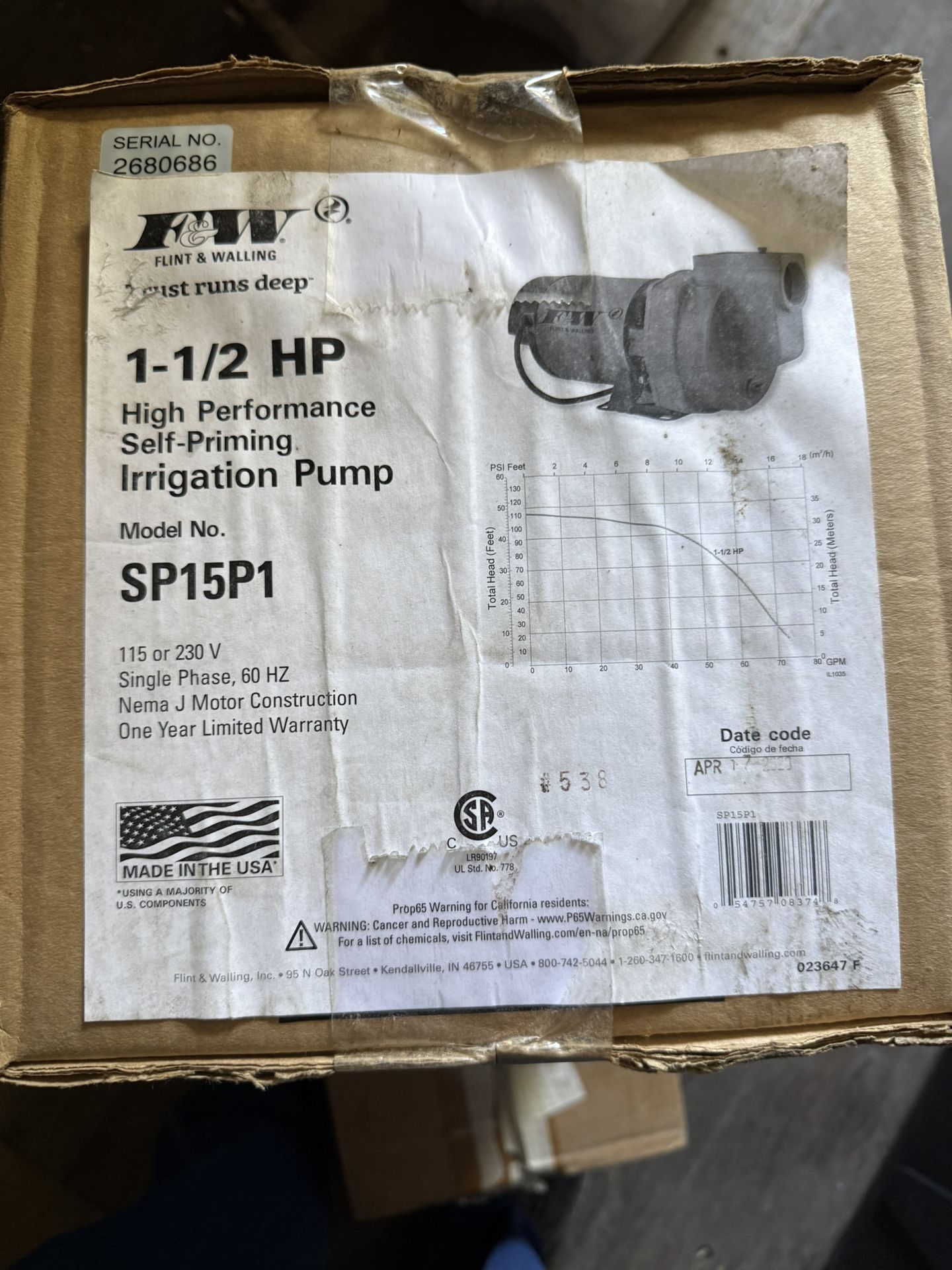 SP15P1  1 1/2 HP PUMP Irrigation Pump Brand New Never Used In Box