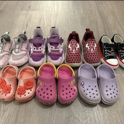 7 Pairs Of Girls Shoes Crocs Adidas Nike Sizes 6 8 9 9.5 Kids Youth Sneakers Tennis Shoes