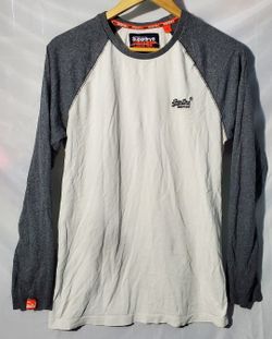 SUPERDRY Organic Cotton Baseball Top In Off White Marl/ Grey Sleeves, Size M