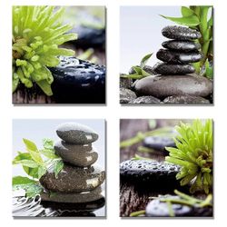Zen Bathroom Decor Meditation Canvas Wall Art, Water Stone and Green Plants Pictures for Yoga Spa and Office Calming, Relaxing Wall Art for Office Bed