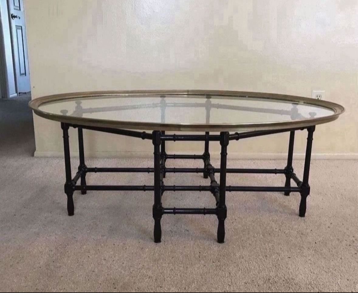 Vintage Antique Large Baker Mastercraft Hollywood Regency Faux Bamboo Brass Glass Oval Cocktail Coffee Table