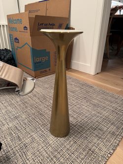 Tall Gold Pedestal Drink Table with White Marble/Stone-Look Top