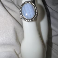 Vintage Sterling Signed Carolyn Pollack Blue Lace Agate Oval Stone Ring, Sz 6 