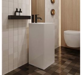 34'' One Piece Pedestal Sink for Bathroom, Square Modern Pedestal Sink with Overflow, Include Faucet, Pop-up Drain & P-trap, White