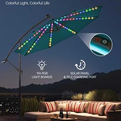 10 ft Offset Patio Umbrella with Solar Lights, Large Cantilever Outdoor Umbrellas