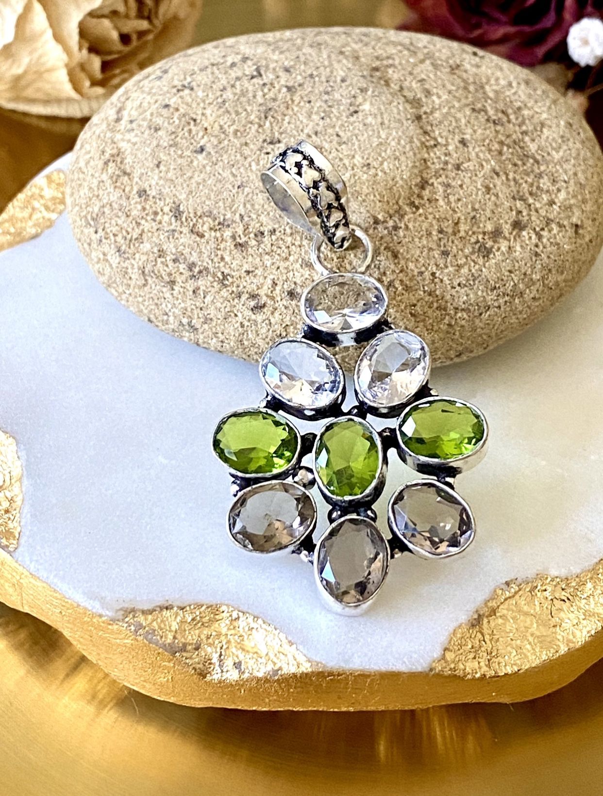 Smokey Topaz, Peridot And White Topaz 925 Sterling Silver Overlay Pendant