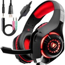 New! Gaming Headset, Over-Ear PC Headphones, Gamer Headset with Noise Cancelling Mic LED Light Crystal 3D Bass Surround Sound, Memory Foam Earpad for 