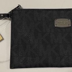 New Slim Michael Kors Logo Black Jet Set PVC Large Zip Clutch Wallet Purse 