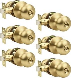 6 Pack Gold Privacy Door Knobs with Lock, Brushed Brass Interior Door Knob, Reversible Keyless