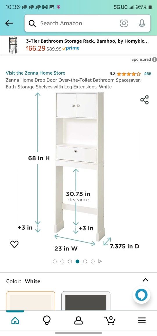 Zenna Home Drop Door Over-the-Toilet Bathroom Spacesaver, Bath-Storage Shelves with Leg Extensions, White
