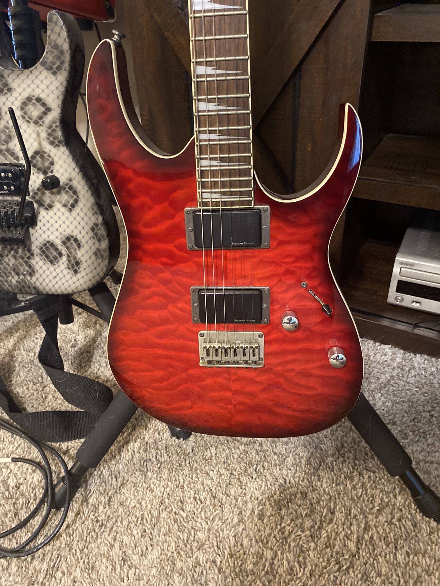 Ibanez Rg3ex1 Trans Red Burst Quilted Maple Top With Seymour Duncan Blackouts Hardtail