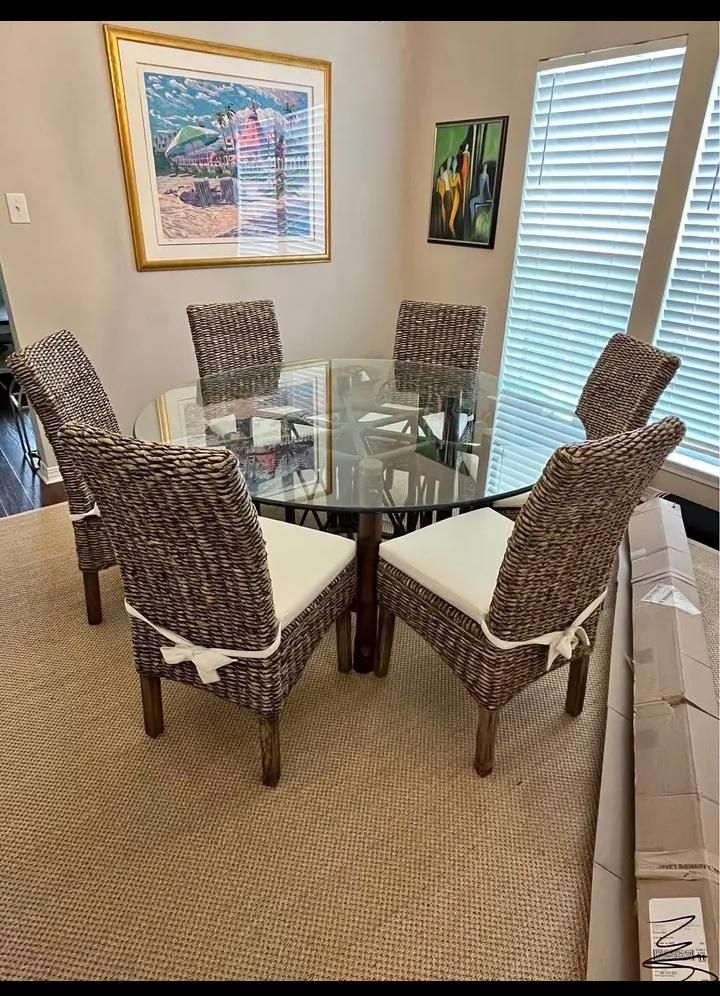 5-Piece Coastal Dining Set – Glass Top Table & Woven Chairs for Sale in ...