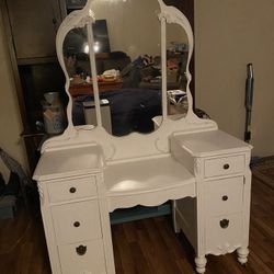 Antique Wood Vanity With Mirror And Storage 