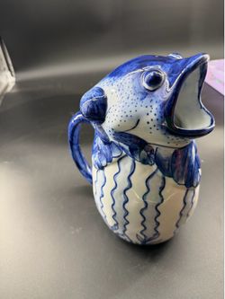 Vintage Blue and White Ceramic Majolica Frog Pitcher