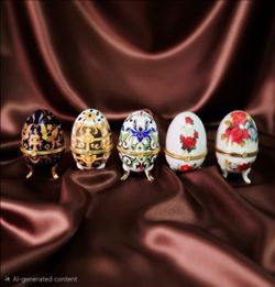 Set of 5 Vintage porcelain, footed, hinged egg-shaped trinket boxes