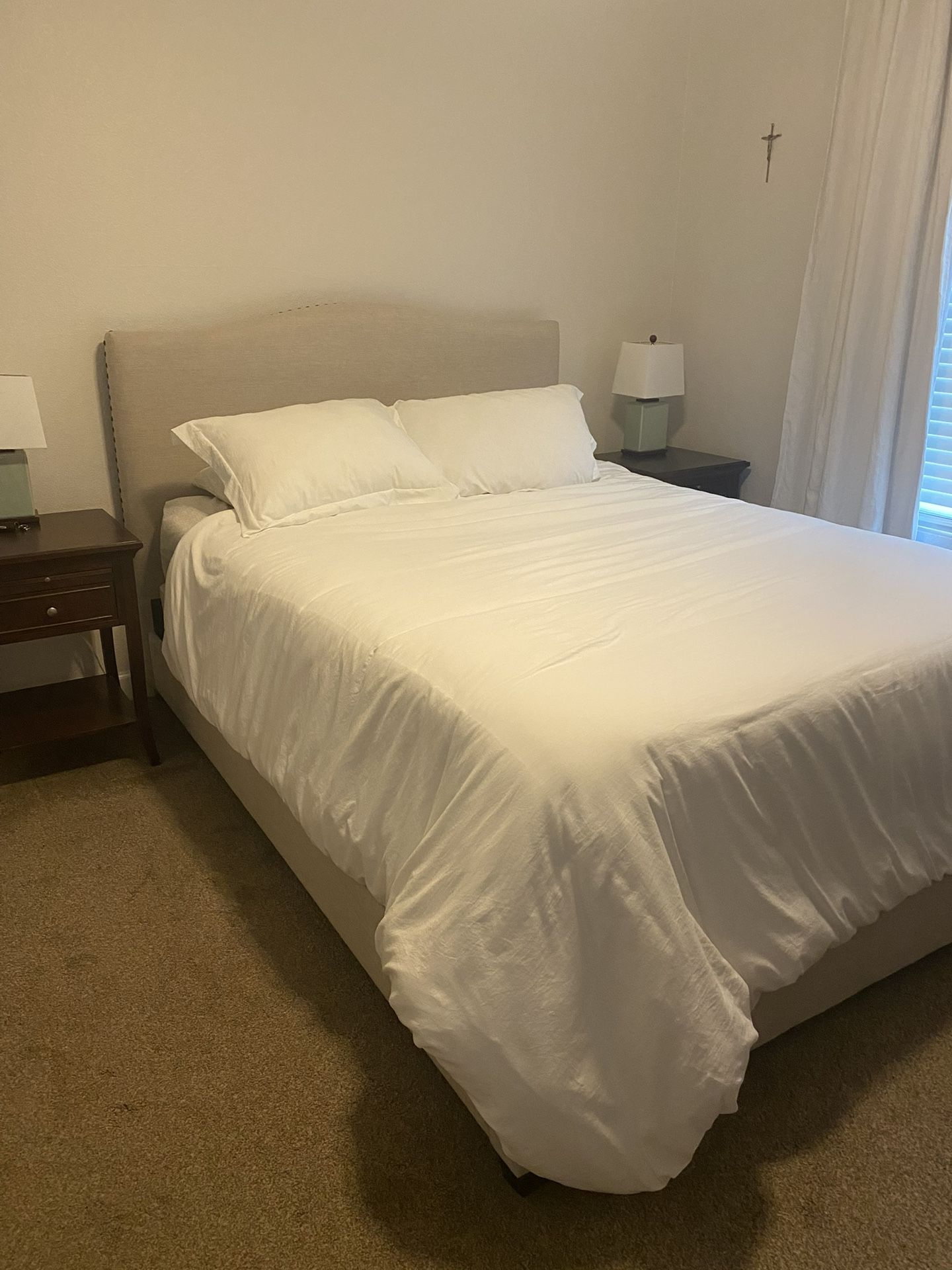 Queen Upholstered Bed w/ Frame, Box Spring & Mattress – Great Condition!