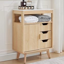 Fluted Bathroom Floor Cabinet with Sliding Door, Modern 3 Drawers Storage Organizer w/Adjustable Shelf and Faux Marble Top, Small Curved Pro