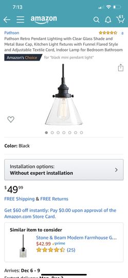 Pathson Retro Pendant Lighting with Clear Glass Shade and Metal Base Cap, Kitchen Light fixtures with Funnel Flared Style and Adjustable Textile Cord