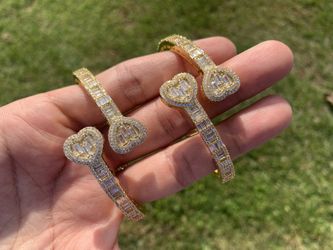 14k Gold Plated Women’s Men’s Baguette Iced Tennis Link Heart Bracelet Bangle Prong Bracelet 5mm