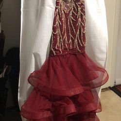 Red And Gold Beaded Prom Dress