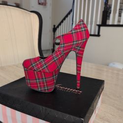 6.5" Red Plaid Stiletto Mary Jane Heels With 2.5" Covered Platform Size 6 By Leg Avenue 