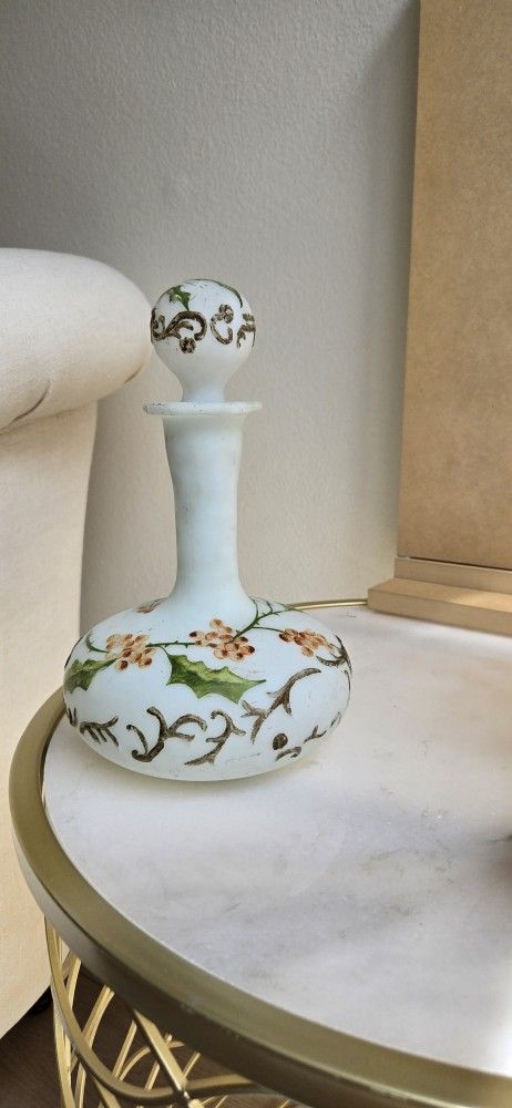 Vintage Floral Hand Painted Milk Glass Vanity Perfume Bottle Decanter