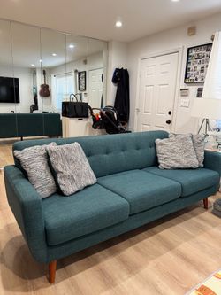 Teal Mid-Century Modern Sofa and Storage Ottoman