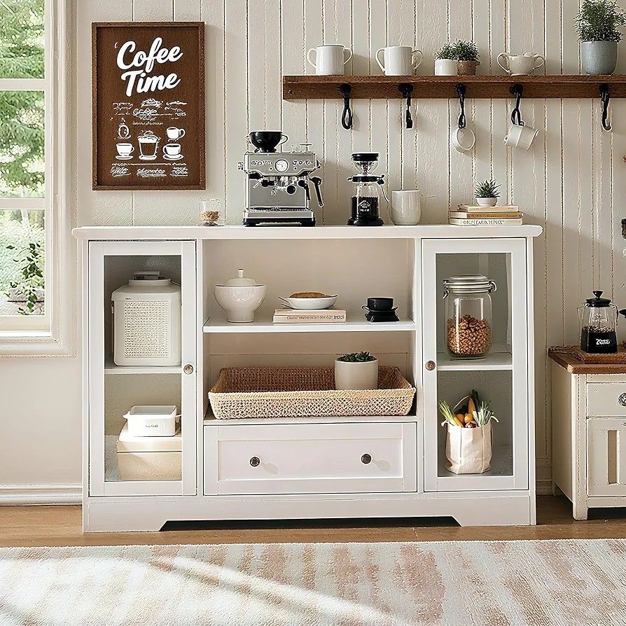 51" Large Buffet Sideboard Cabinet with 2 Glass Doors & Drawer, Coffee Bar Cabinet with Adjustable Shelves, Modern Sideboard Storage for Kitchen, Dini