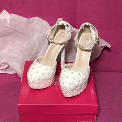Wedding Pumps Sweet White Flower Lace Pearl Platform Pump Shoes Bride Dress