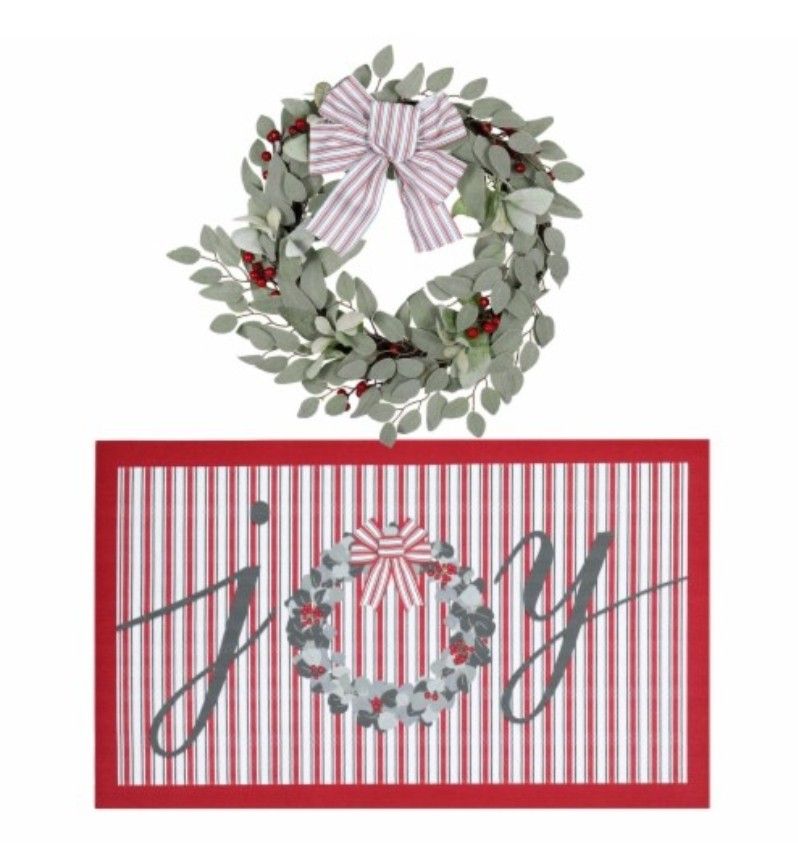 NIB Holiday Home 20in Wreath w Matching 18in x 30in Doormat- Joy Design, 2Pc Set