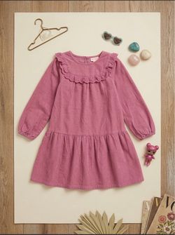 Girls Pink Long Sleeve Ruffle Dress